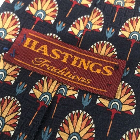 Vintage Hastings Traditions Silk Tie Mens Art Deco Blue Gold Made in USA Classic - Picture 3 of 6